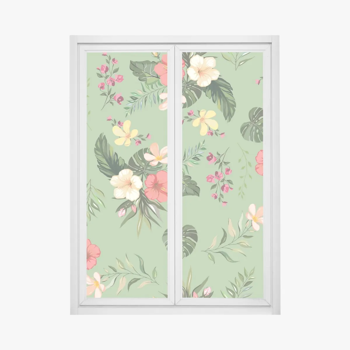 Naklejka na okno zielony tropikalny wzór hibiskusa – Wallissimo® Naklejka na okno zielony tropikalny wzór hibiskusa – Wallissimo®