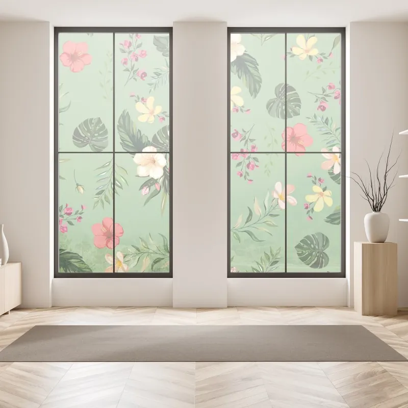 Naklejka na okno zielony tropikalny wzór hibiskusa