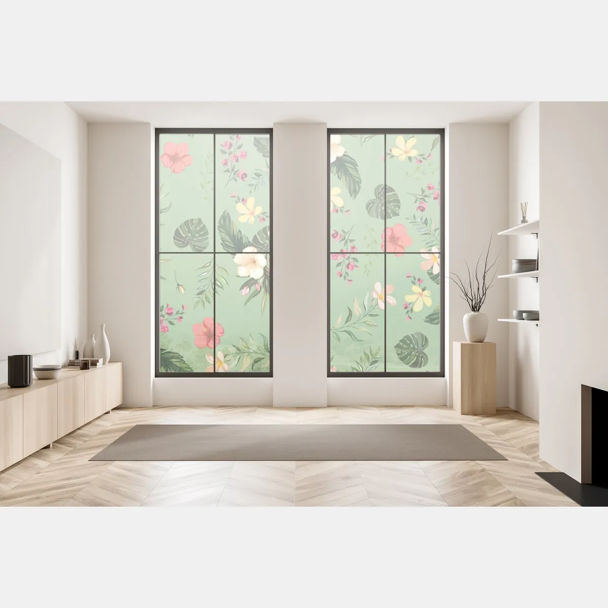 Naklejka na okno zielony tropikalny wzór hibiskusa – Wallissimo® Naklejka na okno zielony tropikalny wzór hibiskusa – Wallissimo®