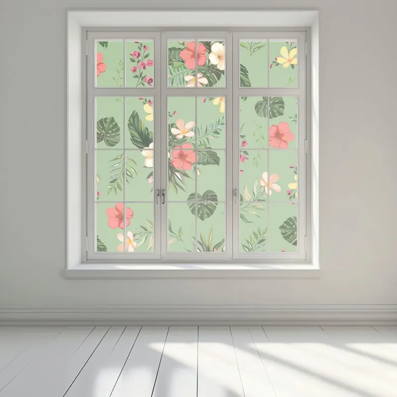 Naklejka na okno zielony tropikalny wzór hibiskusa – Wallissimo® Naklejka na okno zielony tropikalny wzór hibiskusa – Wallissimo®