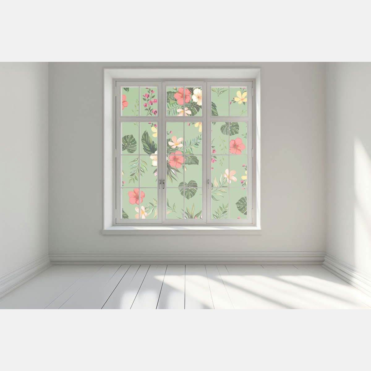 Naklejka na okno zielony tropikalny wzór hibiskusa – Wallissimo® Naklejka na okno zielony tropikalny wzór hibiskusa – Wallissimo®
