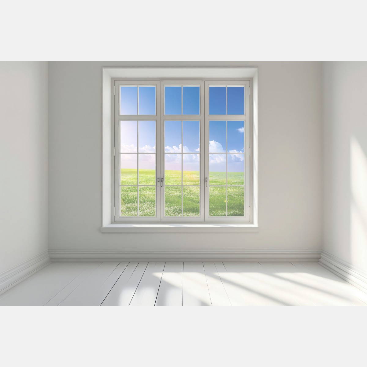 Naklejka na okno słoneczna wiosenna łąka pod niebieskim niebem – Wallissimo® Naklejka na okno słoneczna wiosenna łąka pod niebieskim niebem – Wallissimo®