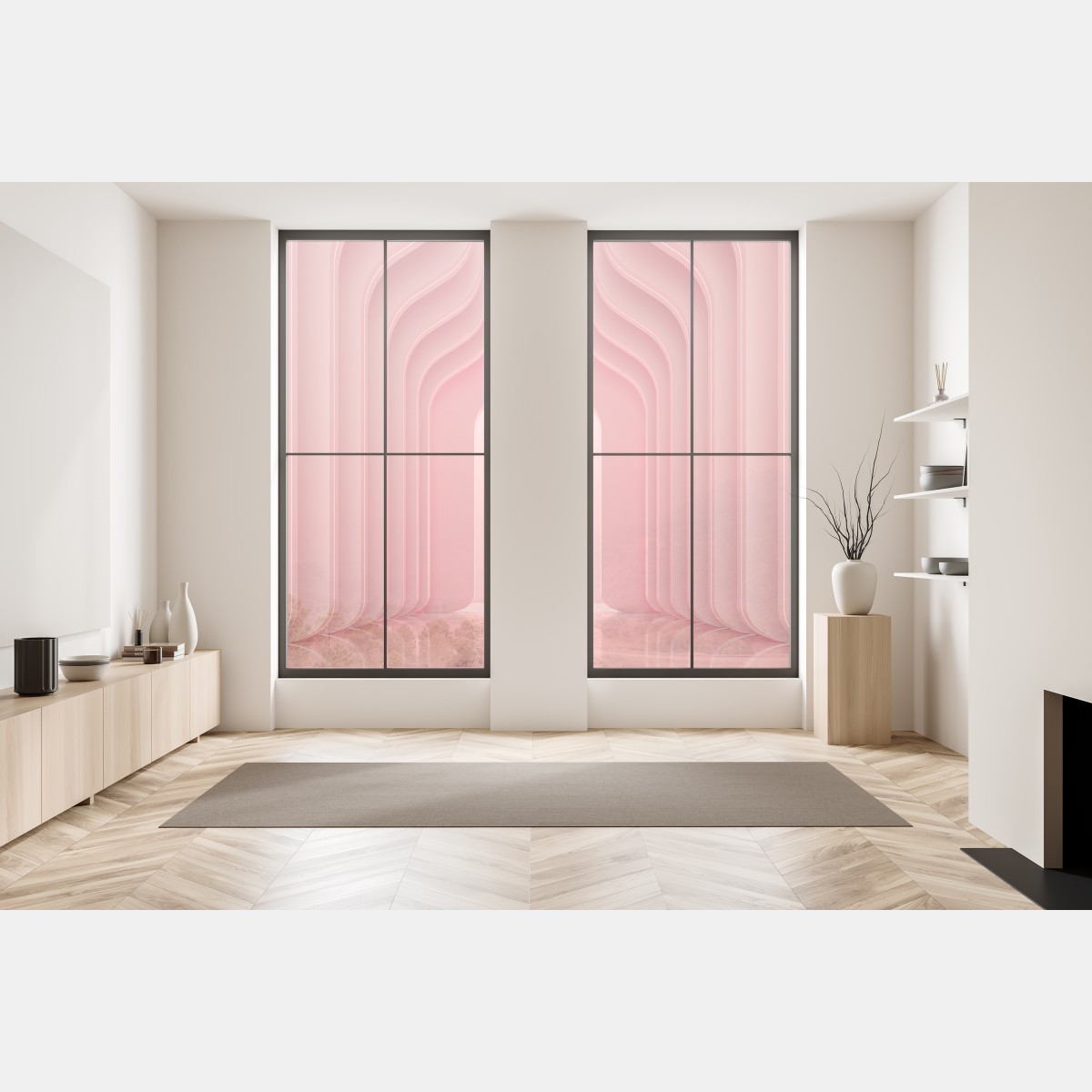 Naklejka na okno nowoczesne luksusowe wnętrze w odcieniach koralowego różu – Wallissimo® Naklejka na okno nowoczesne luksusowe wnętrze w odcieniach koralowego różu – Wallissimo®