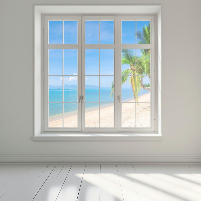 Naklejka na okno tropikalna plaża z palmami – Wallissimo® Naklejka na okno tropikalna plaża z palmami – Wallissimo®