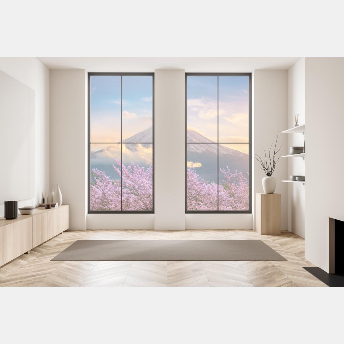 Naklejka na okno Góra Fuji z kwitnącą sakurą o wschodzie słońca – Wallissimo® Naklejka na okno Góra Fuji z kwitnącą sakurą o wschodzie słońca – Wallissimo®