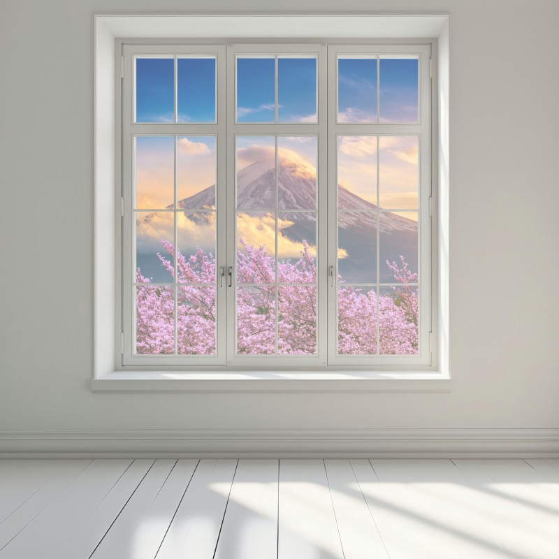 Naklejka na okno Góra Fuji z kwitnącą sakurą o wschodzie słońca – Wallissimo® Naklejka na okno Góra Fuji z kwitnącą sakurą o wschodzie słońca – Wallissimo®