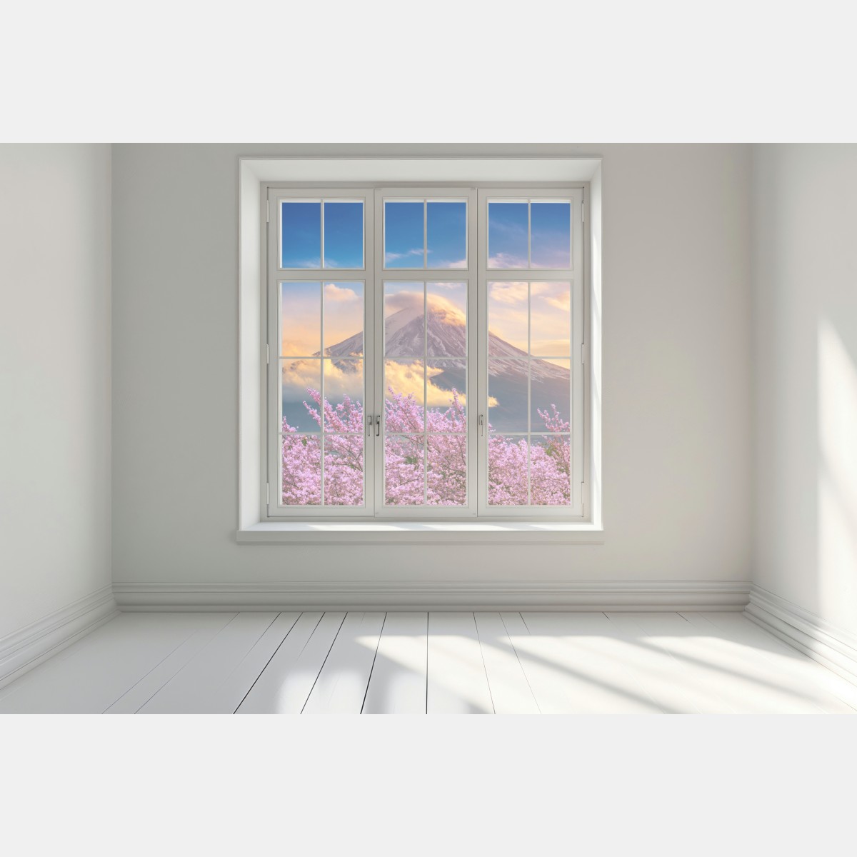 Naklejka na okno Góra Fuji z kwitnącą sakurą o wschodzie słońca – Wallissimo® Naklejka na okno Góra Fuji z kwitnącą sakurą o wschodzie słońca – Wallissimo®