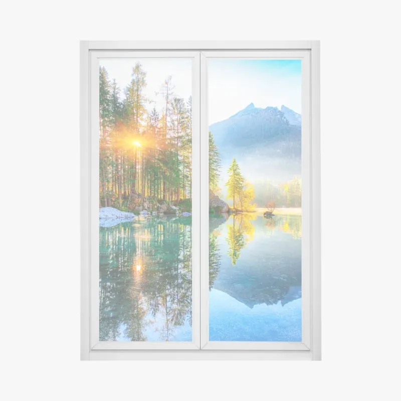 Naklejka na okno wschód słońca nad mglistym grzbietem z kamienną ścieżką – Wallissimo®