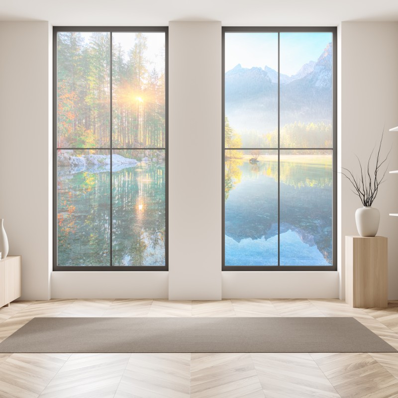 Naklejka na okno wschód słońca nad mglistym grzbietem z kamienną ścieżką – Wallissimo®