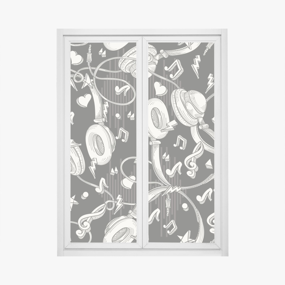 Window decal monochrome headphones and music notes pattern