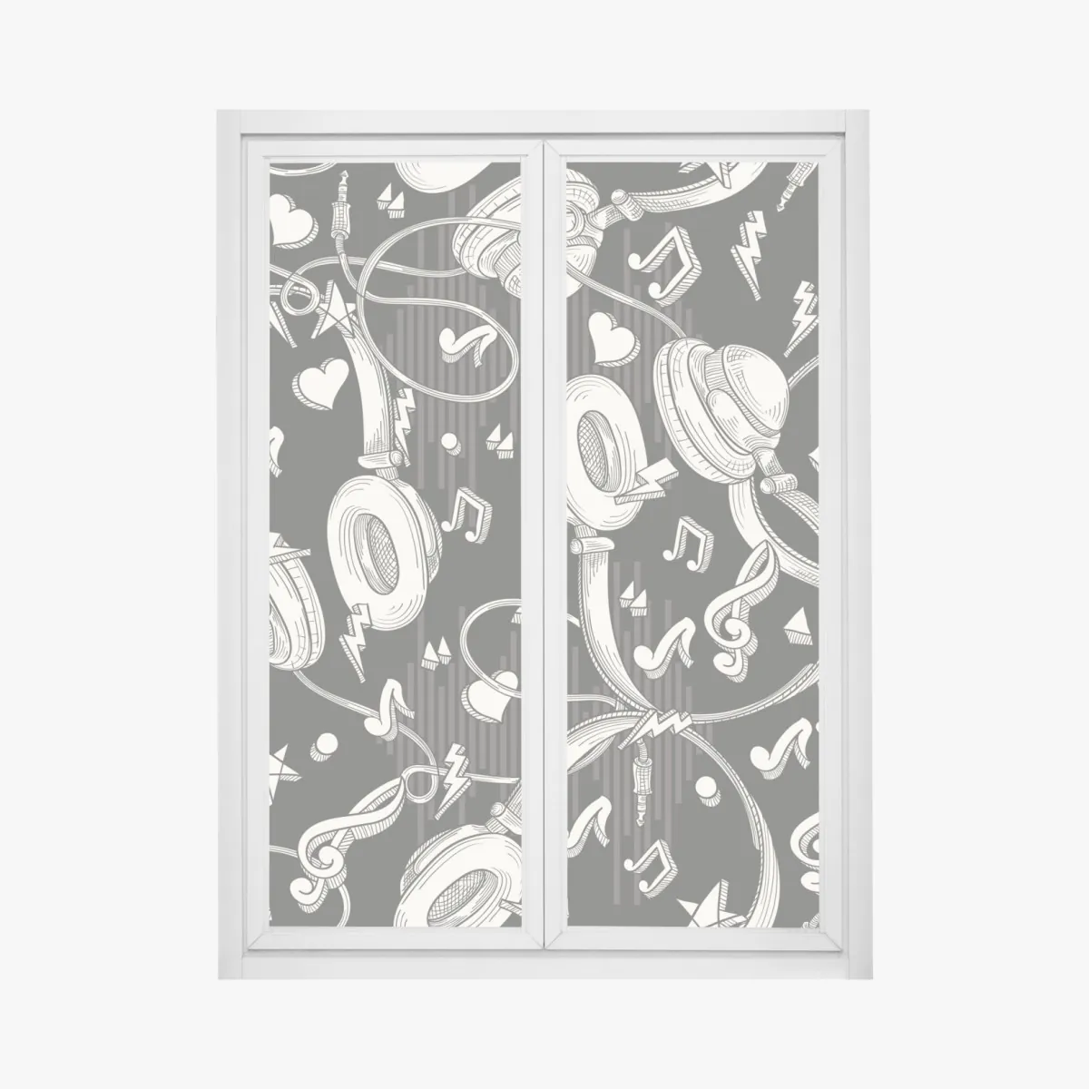 Naklejka na okno monochromatyczny wzór słuchawek i nut – Wallissimo® Naklejka na okno monochromatyczny wzór słuchawek i nut – Wallissimo®
