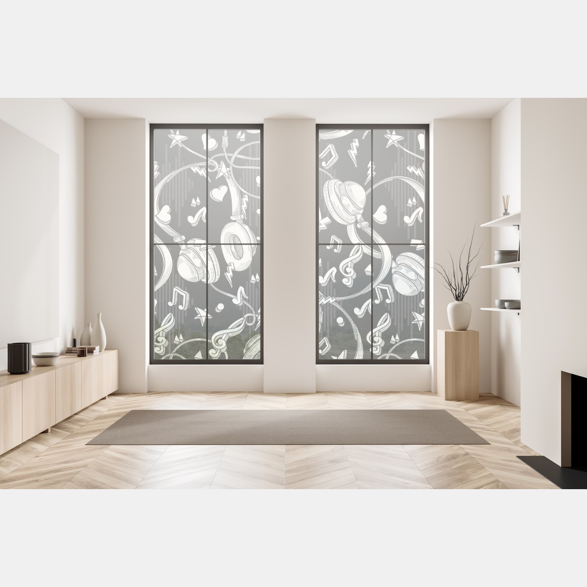 Naklejka na okno monochromatyczny wzór słuchawek i nut – Wallissimo® Naklejka na okno monochromatyczny wzór słuchawek i nut – Wallissimo®