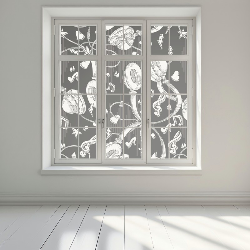 Naklejka na okno monochromatyczny wzór słuchawek i nut – Wallissimo® Naklejka na okno monochromatyczny wzór słuchawek i nut – Wallissimo®