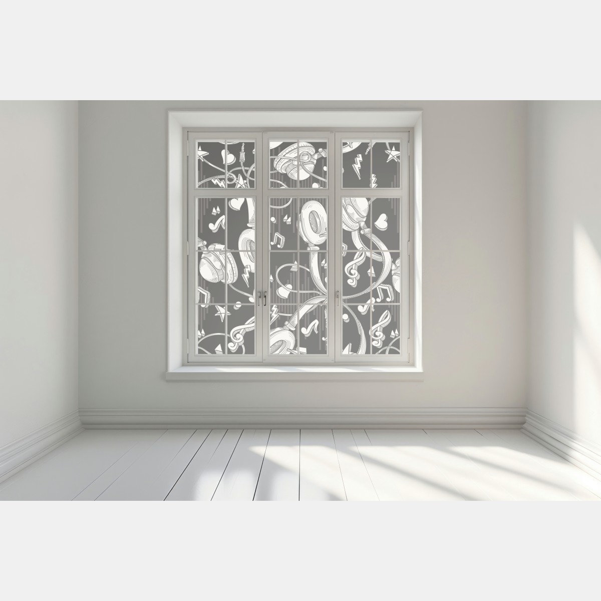 Naklejka na okno monochromatyczny wzór słuchawek i nut – Wallissimo® Naklejka na okno monochromatyczny wzór słuchawek i nut – Wallissimo®