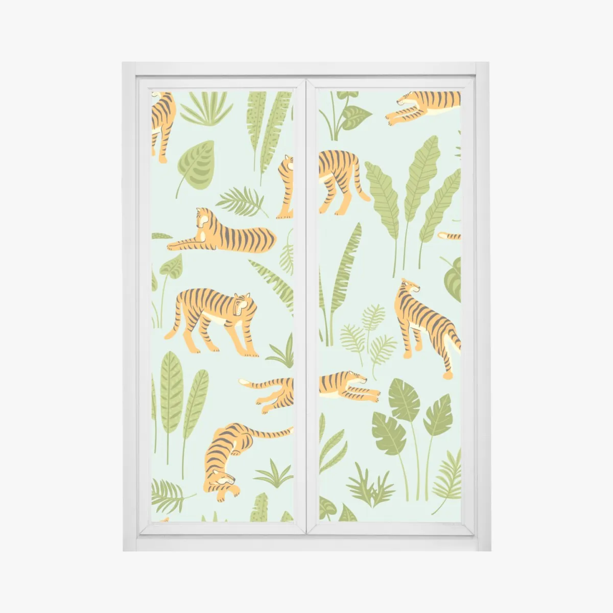 Naklejka na okno egzotyczne tygrysy wśród liści – Wallissimo® Naklejka na okno egzotyczne tygrysy wśród liści – Wallissimo®
