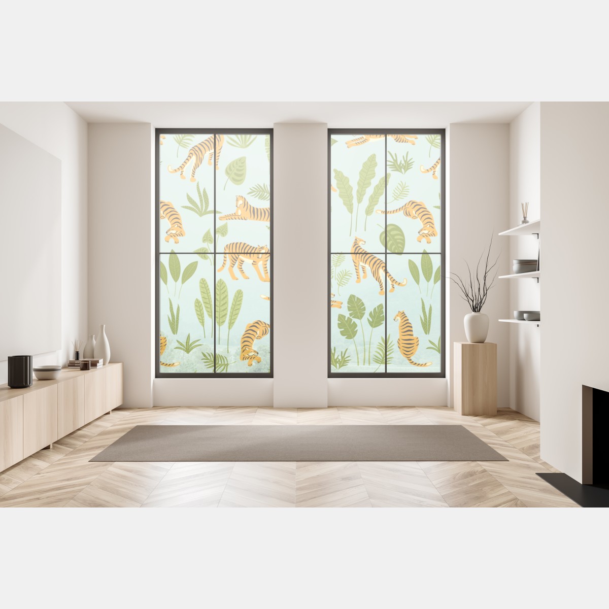 Naklejka na okno egzotyczne tygrysy wśród liści – Wallissimo® Naklejka na okno egzotyczne tygrysy wśród liści – Wallissimo®