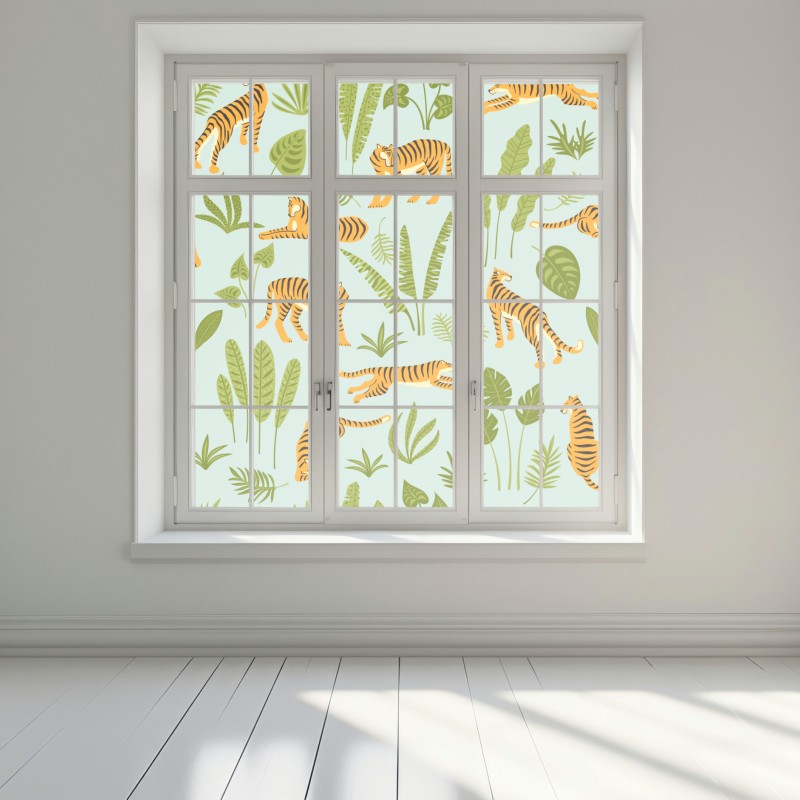 Naklejka na okno egzotyczne tygrysy wśród liści – Wallissimo® Naklejka na okno egzotyczne tygrysy wśród liści – Wallissimo®
