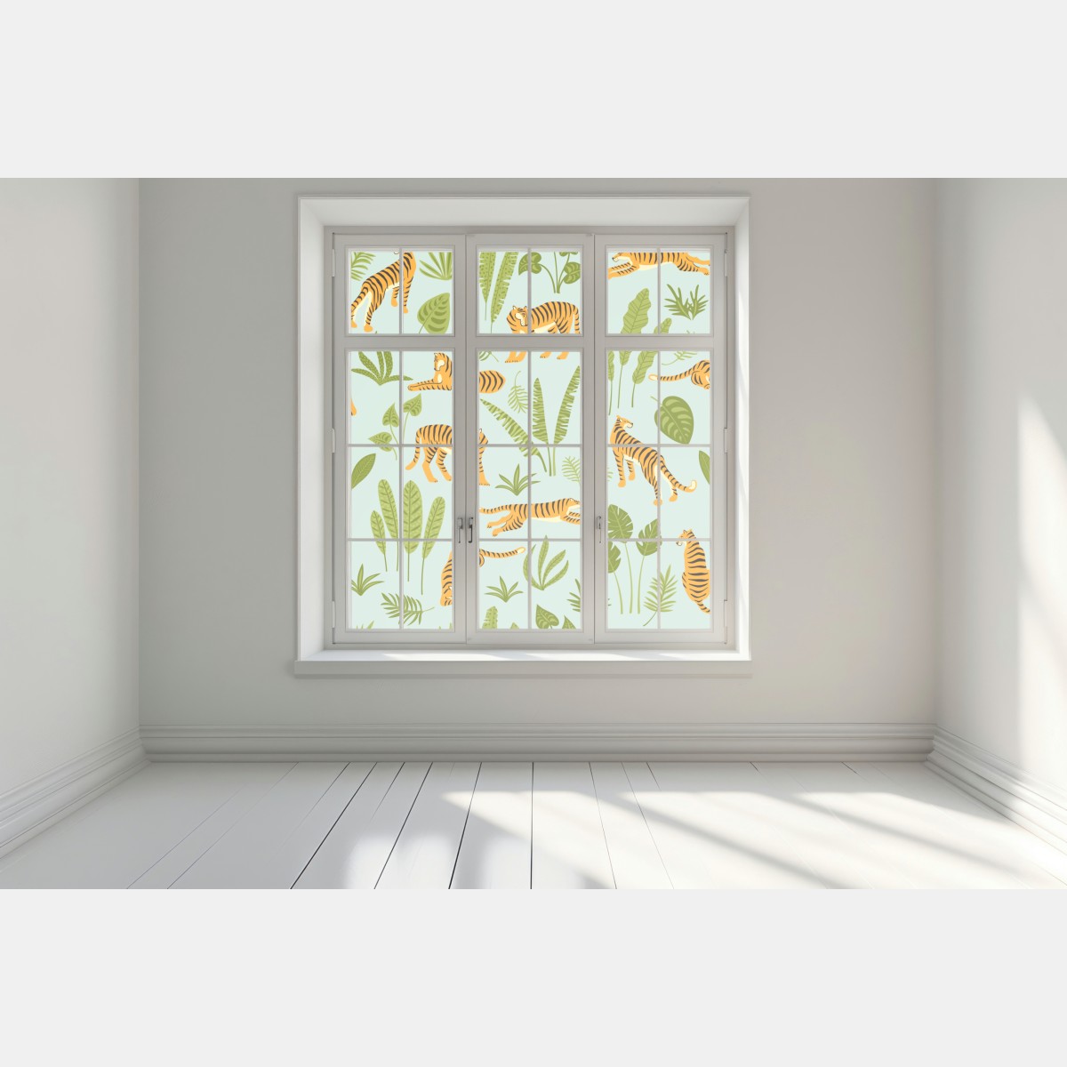 Naklejka na okno egzotyczne tygrysy wśród liści – Wallissimo® Naklejka na okno egzotyczne tygrysy wśród liści – Wallissimo®