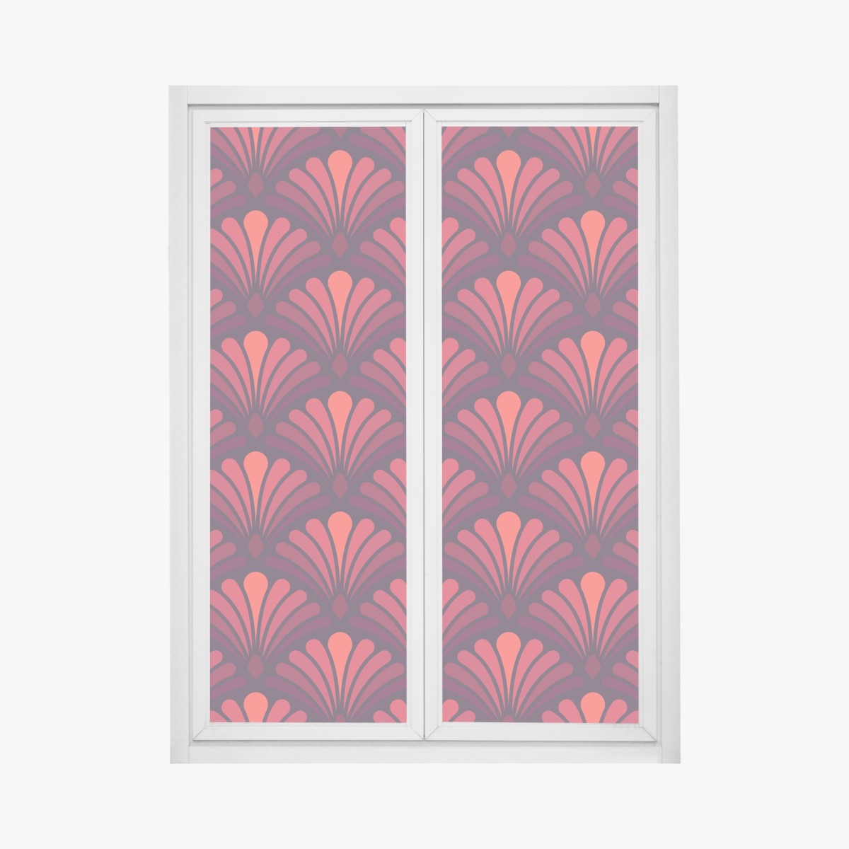 Window decal art deco fan pattern in coral and burgundy