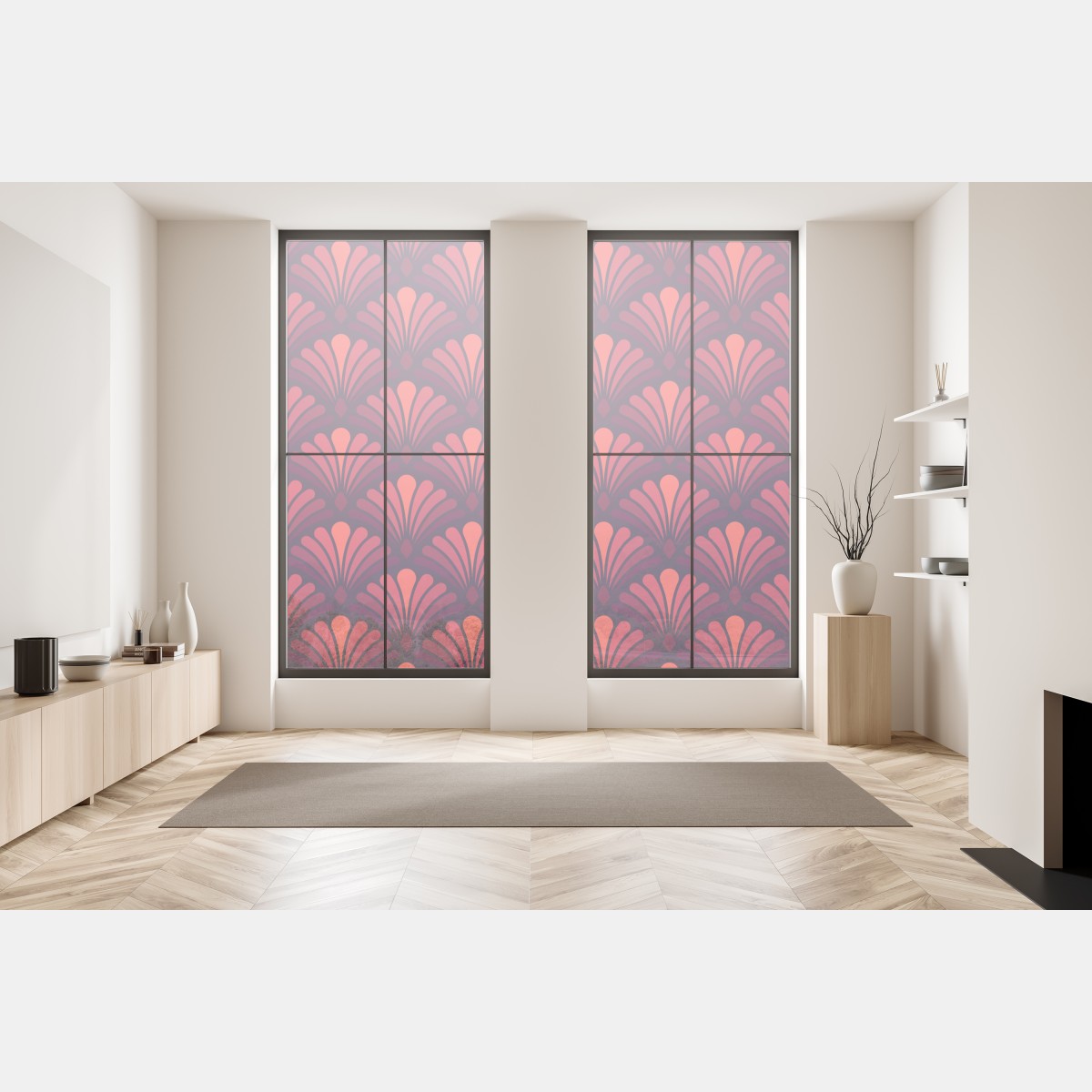 Naklejka na okno elegancki motyw art deco w odcieniach bordo i koralu – Wallissimo® Naklejka na okno elegancki motyw art deco w odcieniach bordo i koralu – Wallissimo®