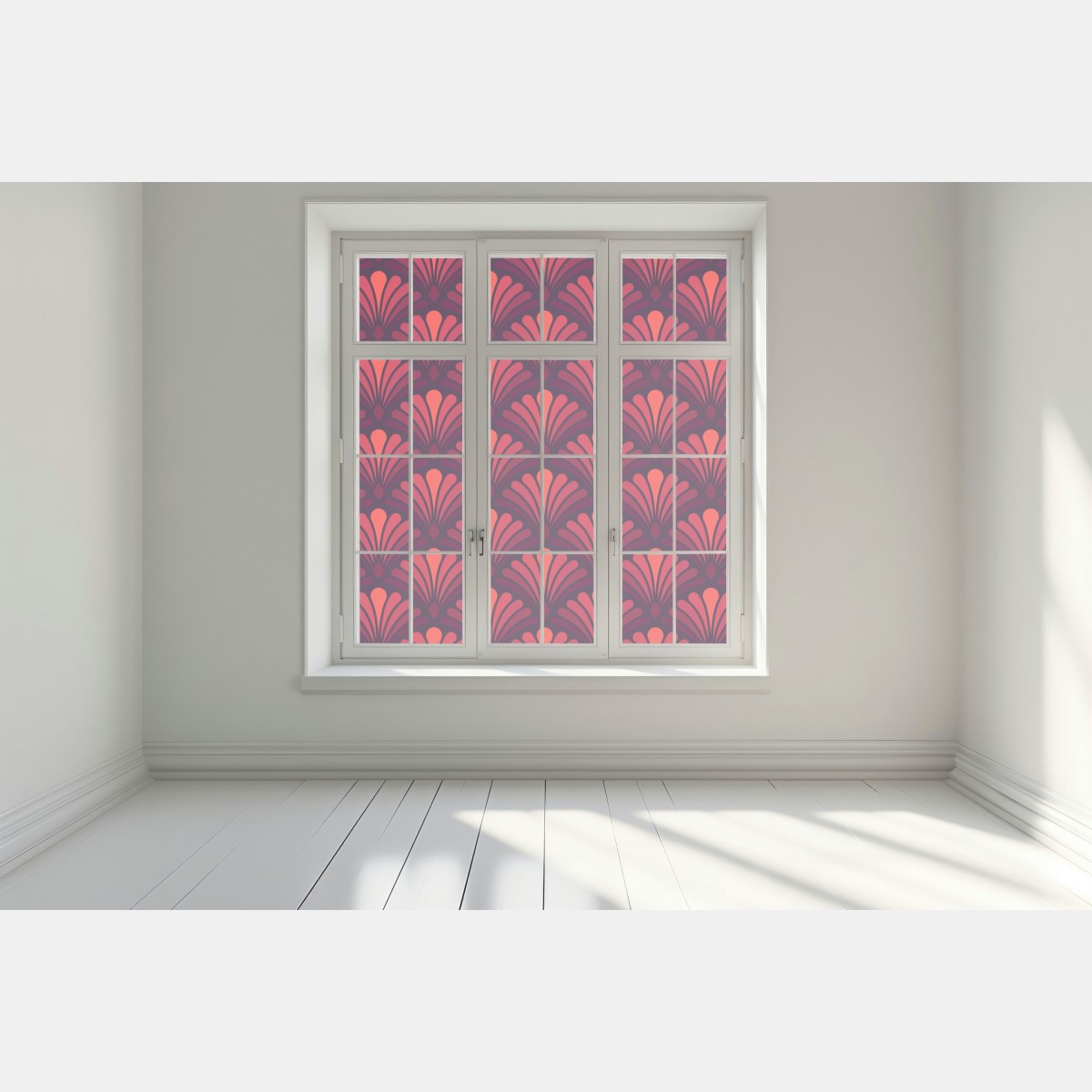 Naklejka na okno elegancki motyw art deco w odcieniach bordo i koralu – Wallissimo® Naklejka na okno elegancki motyw art deco w odcieniach bordo i koralu – Wallissimo®