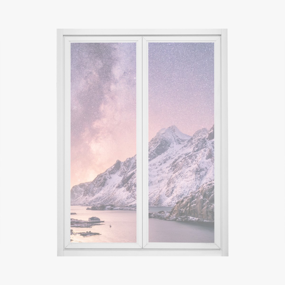 Window decal milky way over snowy mountains in Norway