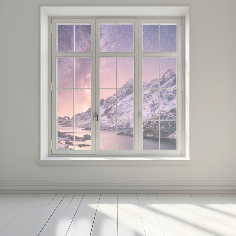 Naklejka na okno droga mleczna nad ośnieżonymi górami w Norwegii – Wallissimo® Naklejka na okno droga mleczna nad ośnieżonymi górami w Norwegii – Wallissimo®