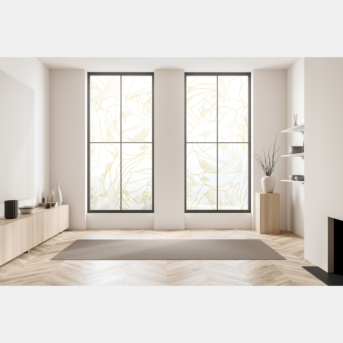 Naklejka na okno delikatne złote róże — elegancki wzór kwiatowy – Wallissimo® Naklejka na okno delikatne złote róże — elegancki wzór kwiatowy – Wallissimo®