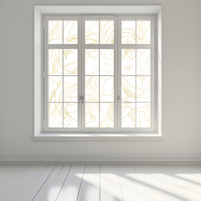 Naklejka na okno delikatne złote róże — elegancki wzór kwiatowy – Wallissimo® Naklejka na okno delikatne złote róże — elegancki wzór kwiatowy – Wallissimo®