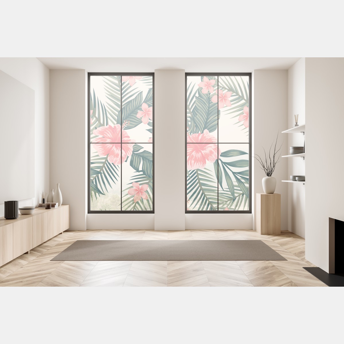 Naklejka na okno tropikalny wzór hibiskusa – Wallissimo® Naklejka na okno tropikalny wzór hibiskusa – Wallissimo®