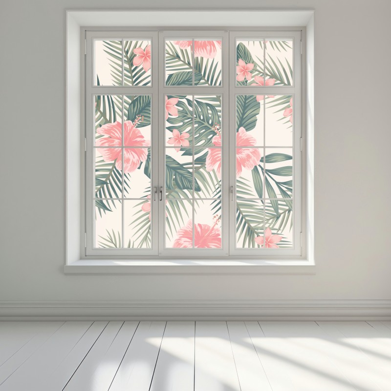 Naklejka na okno tropikalny wzór hibiskusa – Wallissimo® Naklejka na okno tropikalny wzór hibiskusa – Wallissimo®