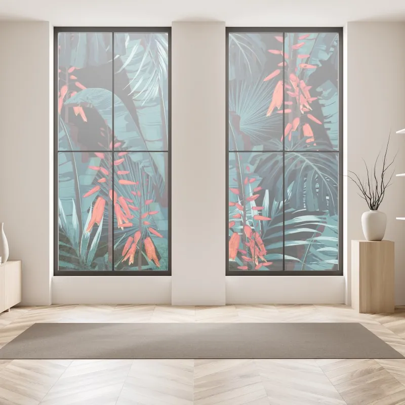 Naklejka na okno tropikalne fioletowe liście na żółtym tle – Wallissimo®