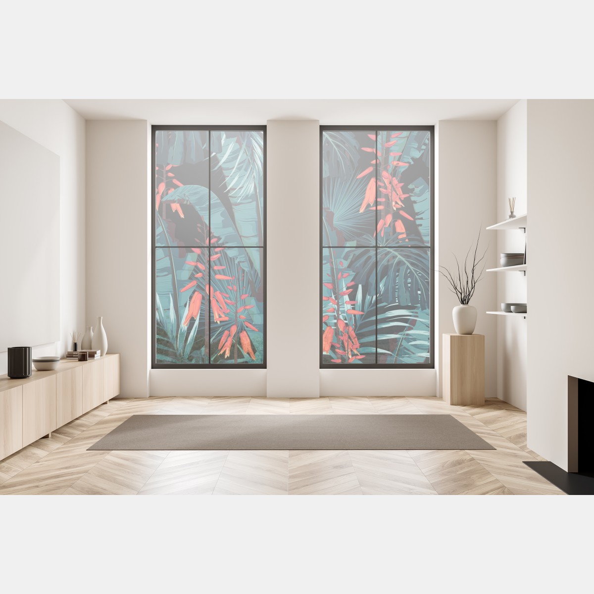 Naklejka na okno tropikalny turkusowy motyw dżungli – Wallissimo® Naklejka na okno tropikalny turkusowy motyw dżungli – Wallissimo®