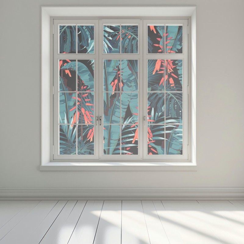 Naklejka na okno tropikalny turkusowy motyw dżungli – Wallissimo® Naklejka na okno tropikalny turkusowy motyw dżungli – Wallissimo®