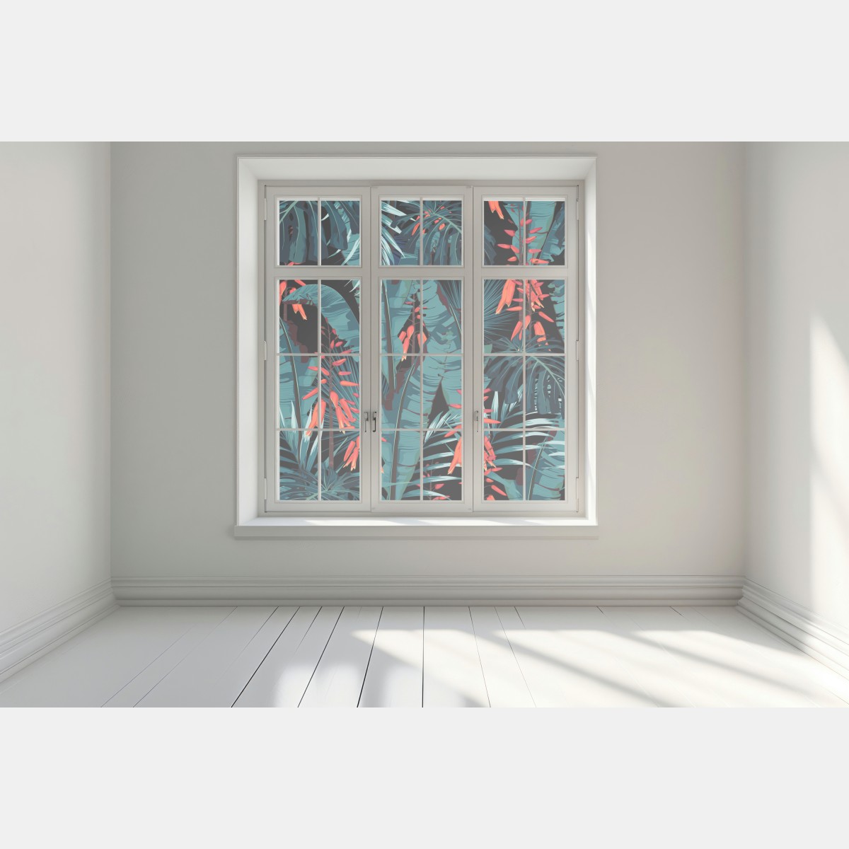 Naklejka na okno tropikalny turkusowy motyw dżungli – Wallissimo® Naklejka na okno tropikalny turkusowy motyw dżungli – Wallissimo®