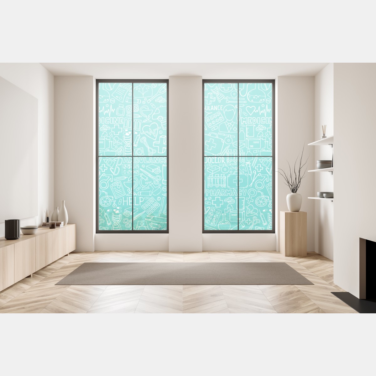 Naklejka na okno turkusowy wzór z ikonami medycznymi – Wallissimo® Naklejka na okno turkusowy wzór z ikonami medycznymi – Wallissimo®