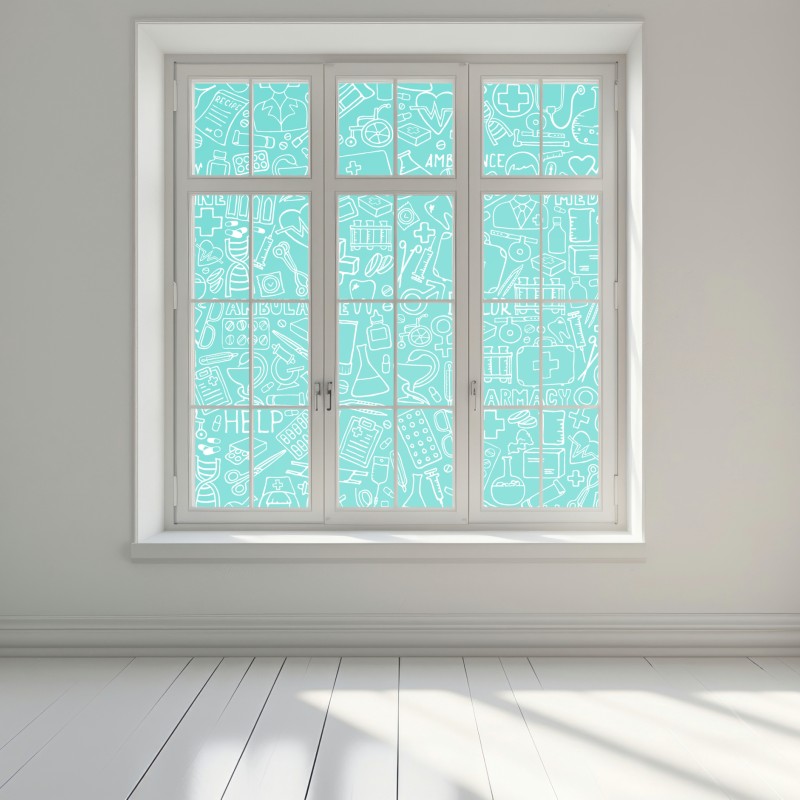 Naklejka na okno turkusowy wzór z ikonami medycznymi – Wallissimo® Naklejka na okno turkusowy wzór z ikonami medycznymi – Wallissimo®