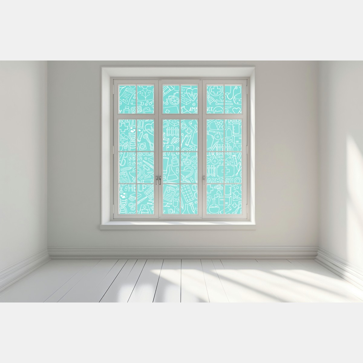 Naklejka na okno turkusowy wzór z ikonami medycznymi – Wallissimo® Naklejka na okno turkusowy wzór z ikonami medycznymi – Wallissimo®