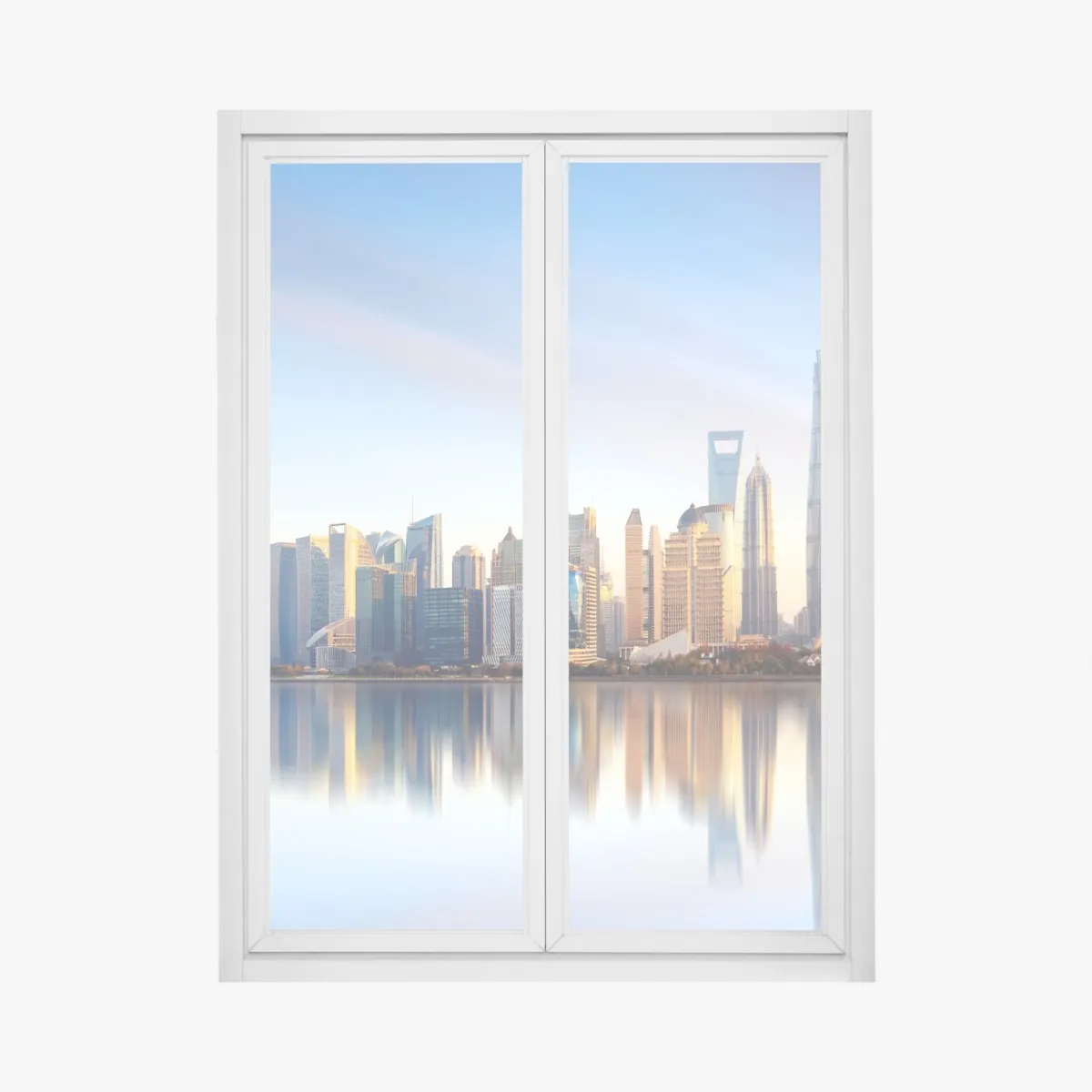 Naklejka na okno Szanghaj linia horyzontu nad wodą – Wallissimo® Naklejka na okno Szanghaj linia horyzontu nad wodą – Wallissimo®