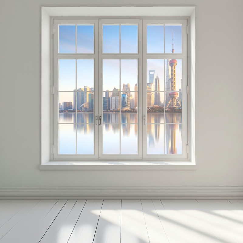 Naklejka na okno Szanghaj linia horyzontu nad wodą – Wallissimo® Naklejka na okno Szanghaj linia horyzontu nad wodą – Wallissimo®