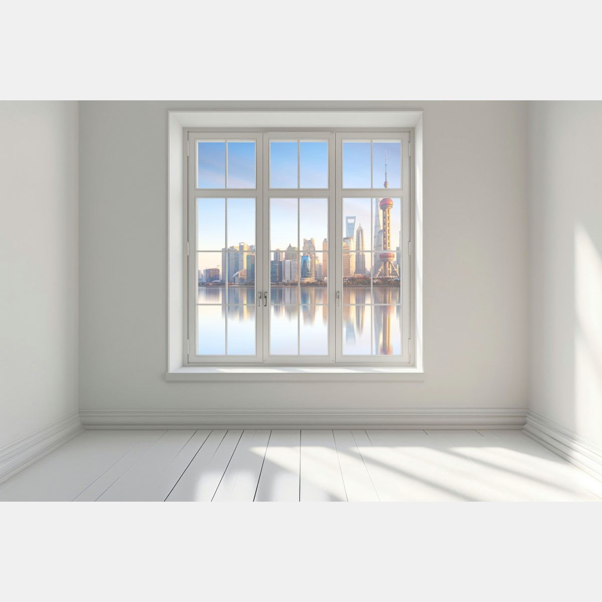 Naklejka na okno Szanghaj linia horyzontu nad wodą – Wallissimo® Naklejka na okno Szanghaj linia horyzontu nad wodą – Wallissimo®