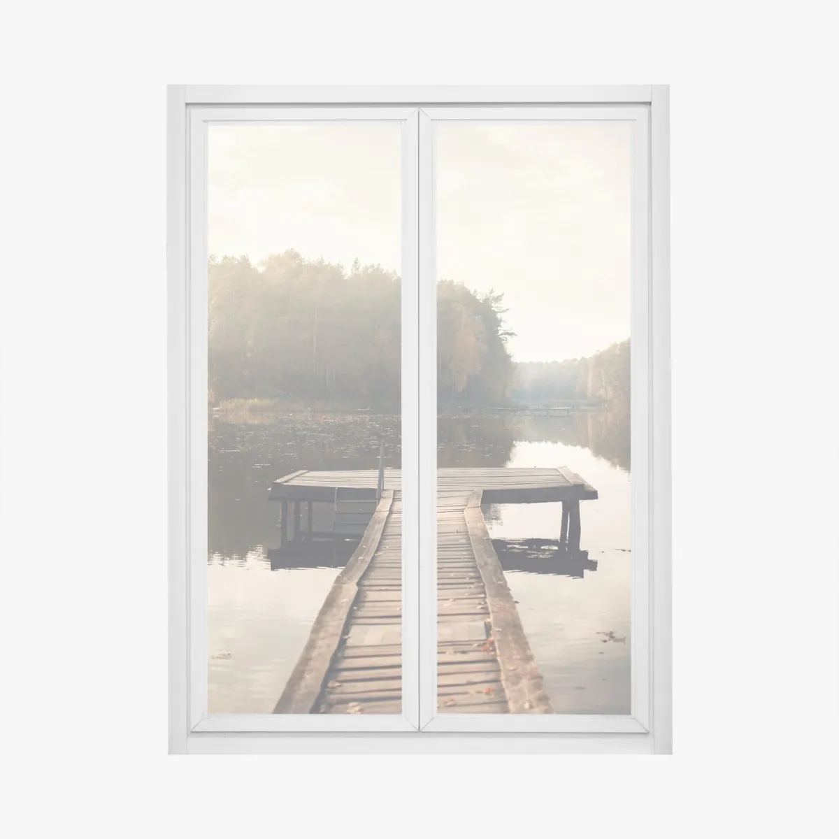 Naklejka na okno jesienne przedpołudnie nad jeziorem z pomostem – Wallissimo® Naklejka na okno jesienne przedpołudnie nad jeziorem z pomostem – Wallissimo®