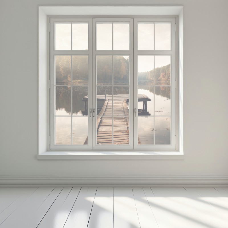 Naklejka na okno jesienne przedpołudnie nad jeziorem z pomostem – Wallissimo® Naklejka na okno jesienne przedpołudnie nad jeziorem z pomostem – Wallissimo®