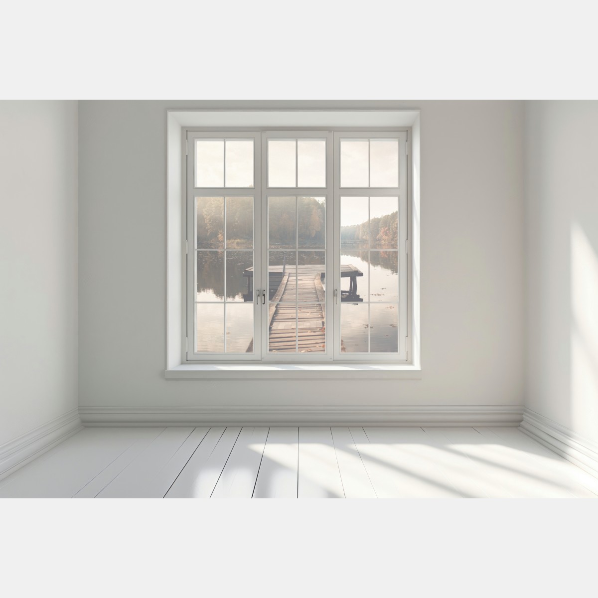 Naklejka na okno jesienne przedpołudnie nad jeziorem z pomostem – Wallissimo® Naklejka na okno jesienne przedpołudnie nad jeziorem z pomostem – Wallissimo®