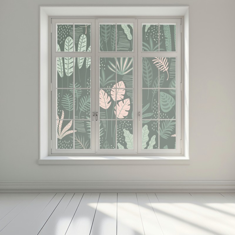Naklejka na okno tropikalny wzór liści w stonowanej zieleni i różu – Wallissimo® Naklejka na okno tropikalny wzór liści w stonowanej zieleni i różu – Wallissimo®