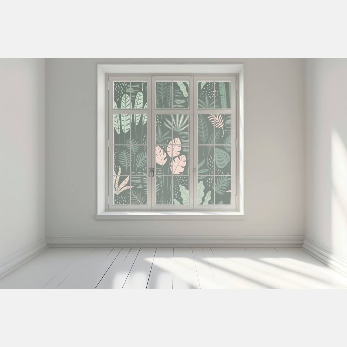 Naklejka na okno tropikalny wzór liści w stonowanej zieleni i różu – Wallissimo® Naklejka na okno tropikalny wzór liści w stonowanej zieleni i różu – Wallissimo®