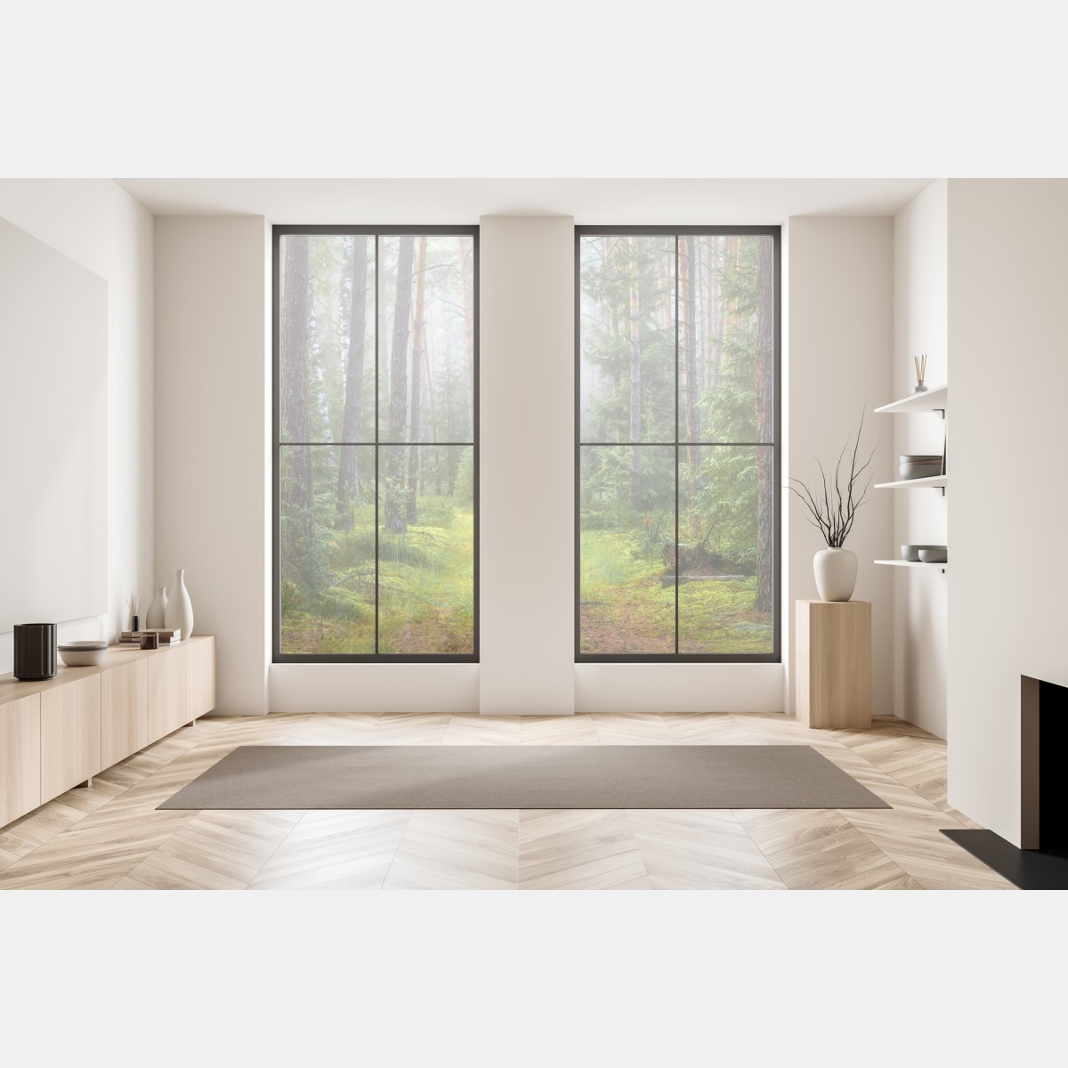 Naklejka na okno mglisty sosnowy las z ścieżką – Wallissimo® Naklejka na okno mglisty sosnowy las z ścieżką – Wallissimo®