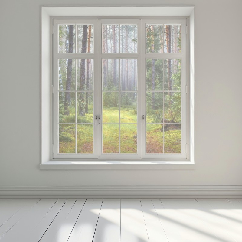 Naklejka na okno mglisty sosnowy las z ścieżką – Wallissimo® Naklejka na okno mglisty sosnowy las z ścieżką – Wallissimo®