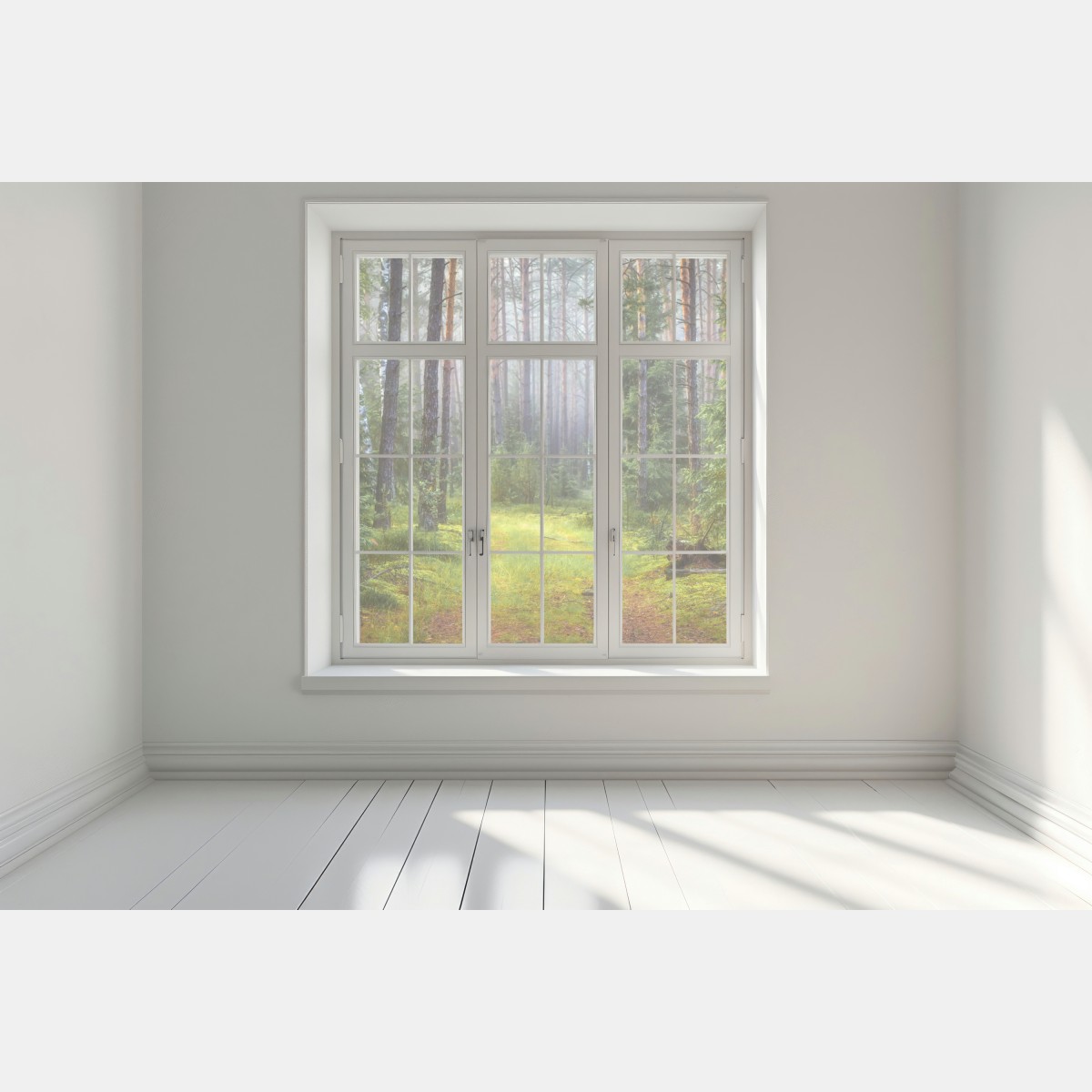 Naklejka na okno mglisty sosnowy las z ścieżką – Wallissimo® Naklejka na okno mglisty sosnowy las z ścieżką – Wallissimo®