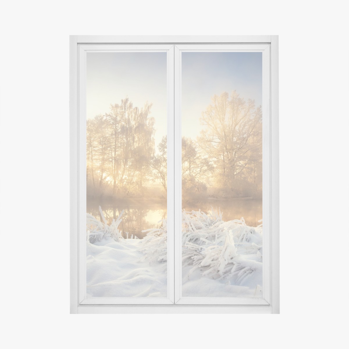 Window decal golden winter sunrise over frosty river